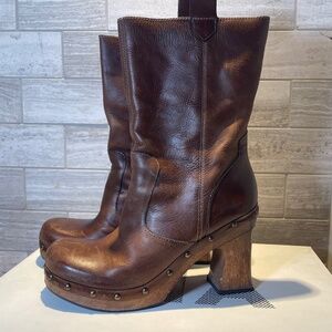 MIA Chao Brown Leather Boots Tan Tumbled Wood Heel Sz 9